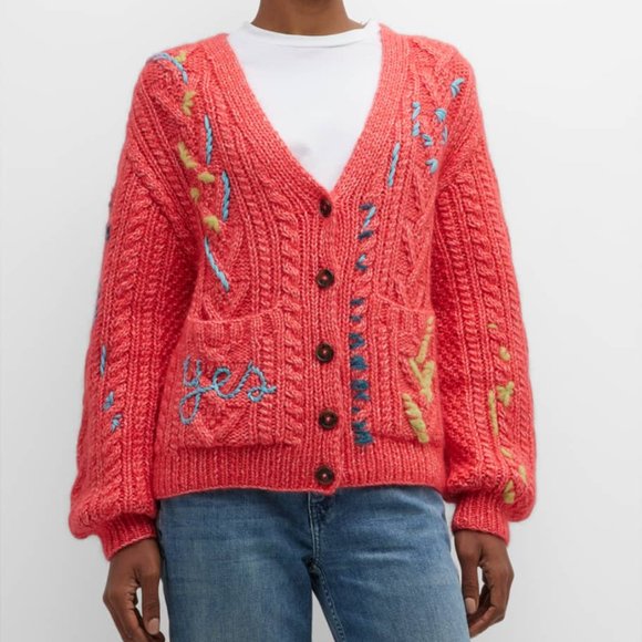 LINGUA FRANCA Embroidered Cable-Knit Pima Cotton Alpaca Merino Wool Cardigan XS - Picture 5 of 13